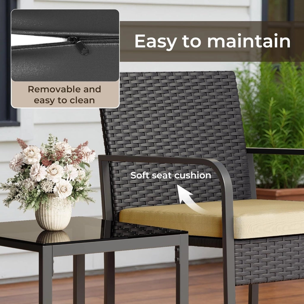 Set Giardino in Rattan per 2 Persone, Mobili da Esterno in Vimini con Cuscini, Tavolino e 2 Sedie per Terrazza, Balcone, Giardino o Piscina (beige)
