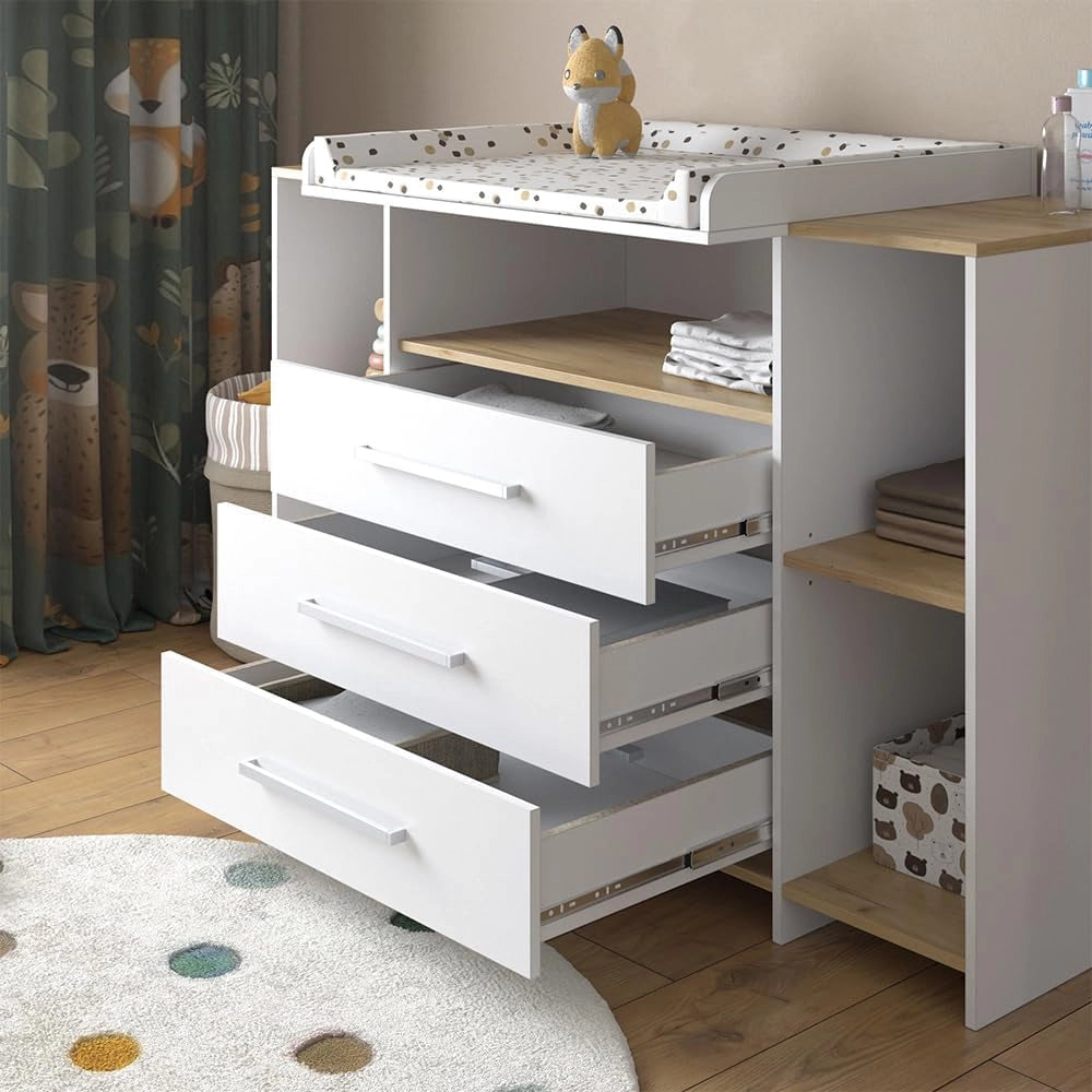 Fasciatoio Oskar, Rovere bianco/dorato, 143.2 x 93 cm con 3 cassetti, adatto come fasciatoio con area di appoggio estensibile