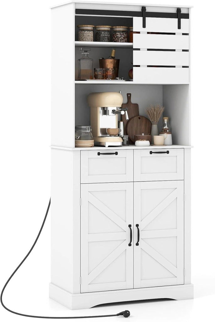 Armadio da cucina con piano di lavoro, buffet da cucina con stazione di ricarica, armadio alto con ripiano regolabile e 2 cassetti, armadietto con porta scorrevole, armadietto da cucina