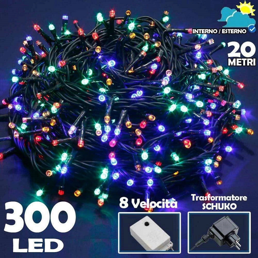 Trade Shop - Catena Luminosa 300 Luci Led Lucciole Multicolore Controller 8 Funzioni Esterno -