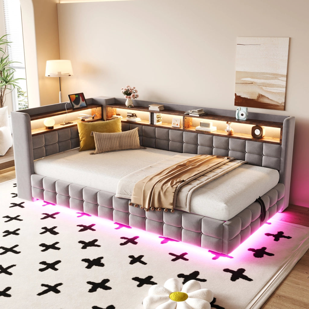 Letto singolo imbottito 90×200 cm con contenitore idraulico; LED; USB; Type-C e ripiani; senza materasso
