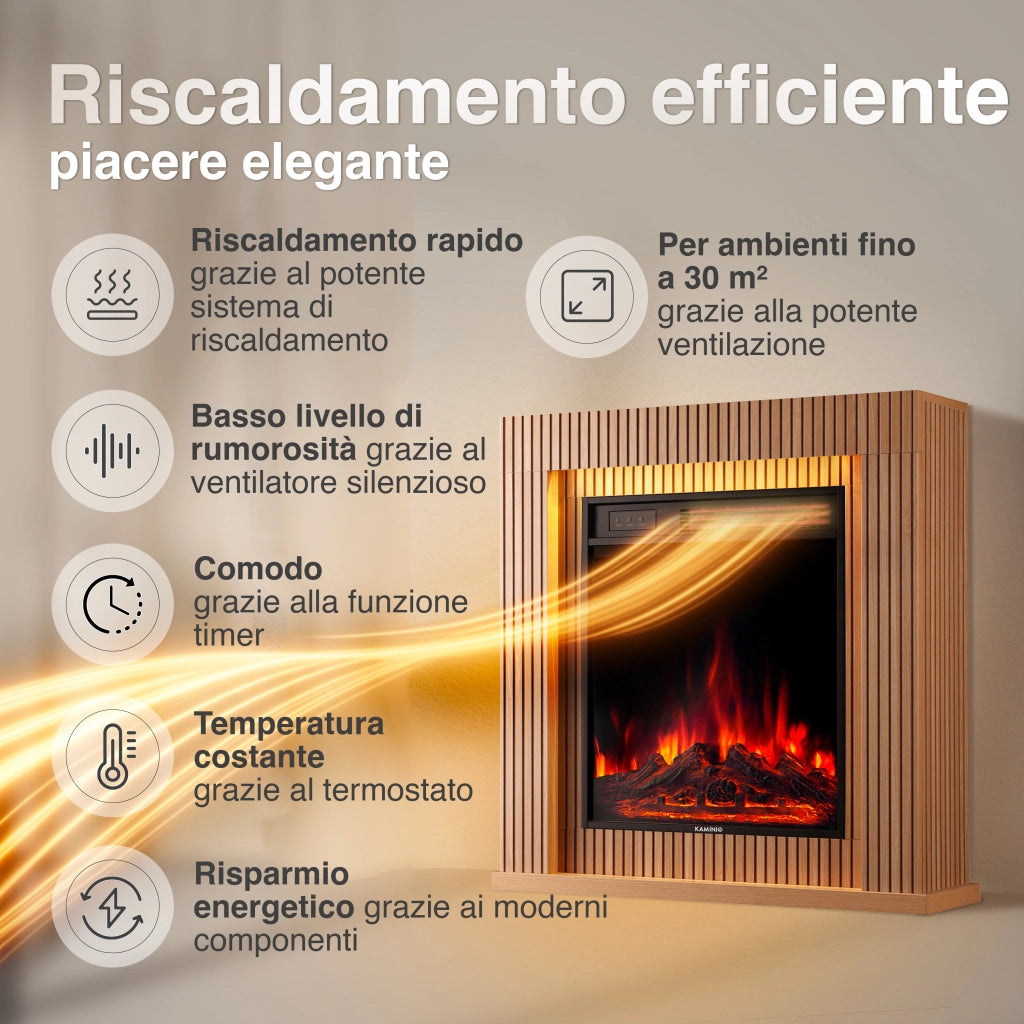KAMINIO Camino elettrico MATTI - Caminetto da pavimento con riscaldamento, effetto fiamma 3D, luce ambiente a LED, telecomando - 32 pollici, Pannello