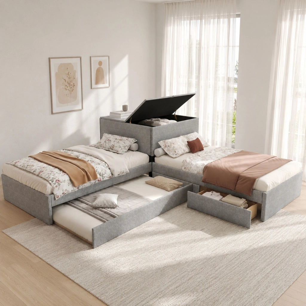 Letto angolare con letto estraibile, letto imbottito con contenitore, lino grigio, 90x200 cm, senza materasso