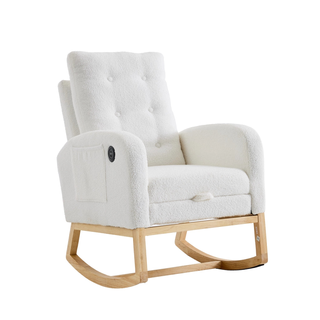 Sedia a dondolo in boucl¨¦ bianco con braccioli, tasche laterali, poggiapiedi estraibile e porte USB/USB-C, 66,5 x 121,5 x 102 cm