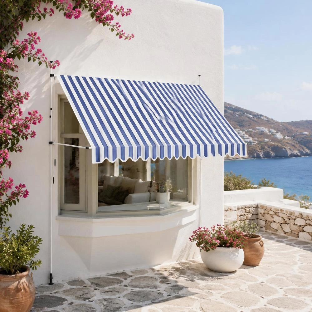 Retractable Awning, Manually Operated, 400 Cm, Blue/white Striped