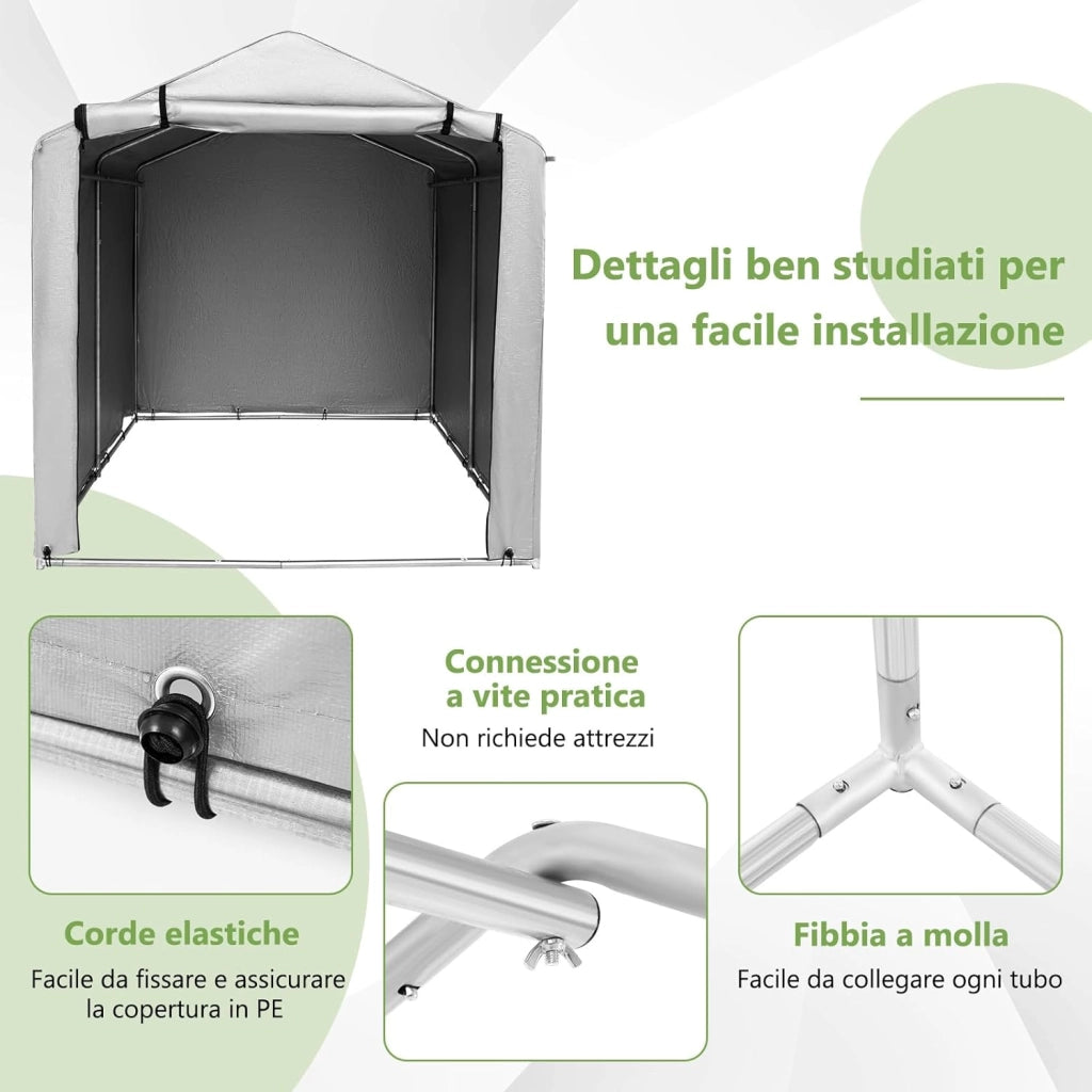 Capanno di Stoccaggio per Esterni, Garage Portatile per Biciclette, Motociclette, Attrezzi da Giardino, Carport per Bici con Porta a Rullo e Cerniera, 160 x 218 x 164 cm (Grigio Argento)