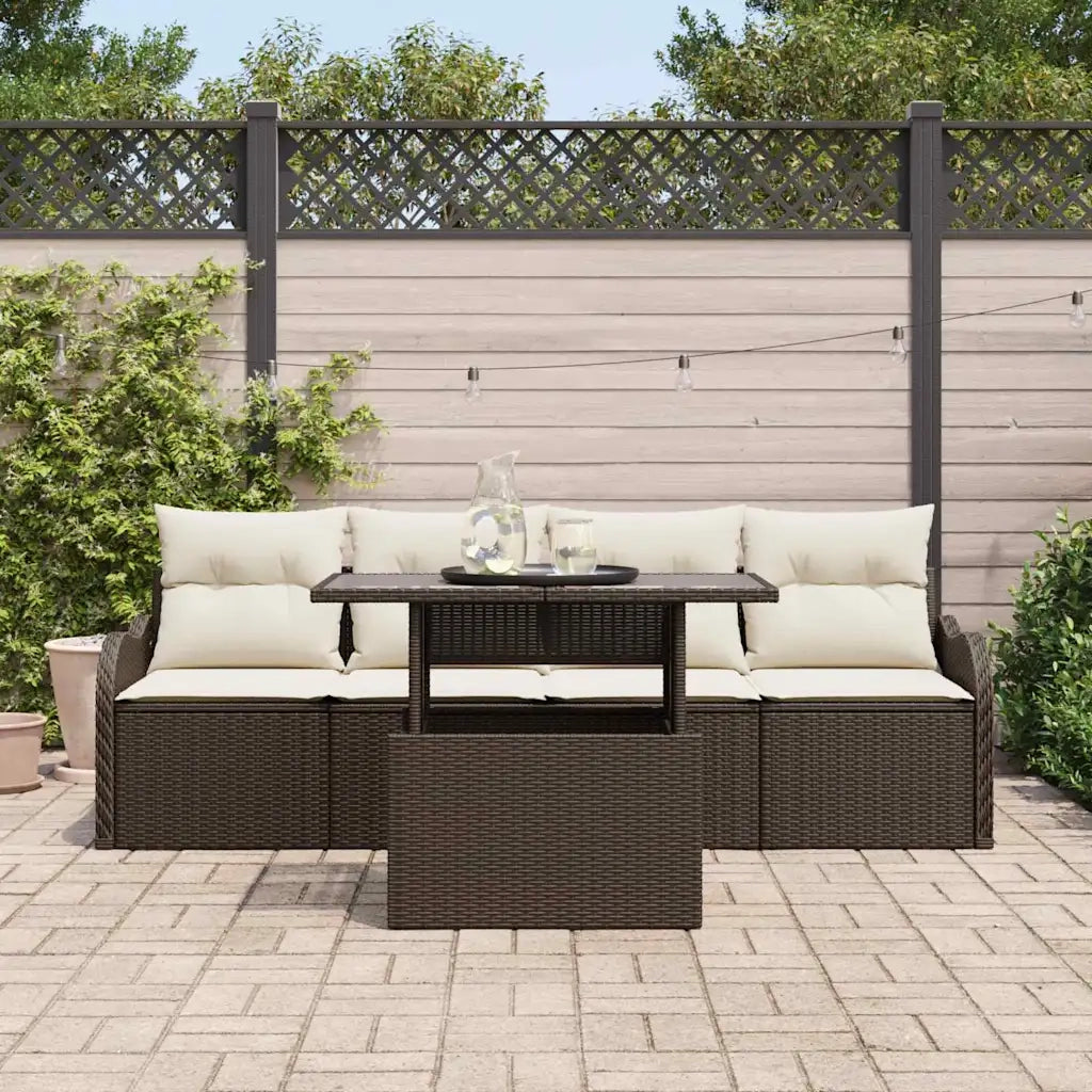 Set Divano da Giardino con cuscino 5 pcs Marrone Poly Rattan