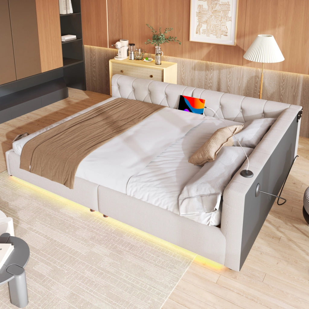 Letto 140x200 cm con LED; USB e Type-C in lino beige