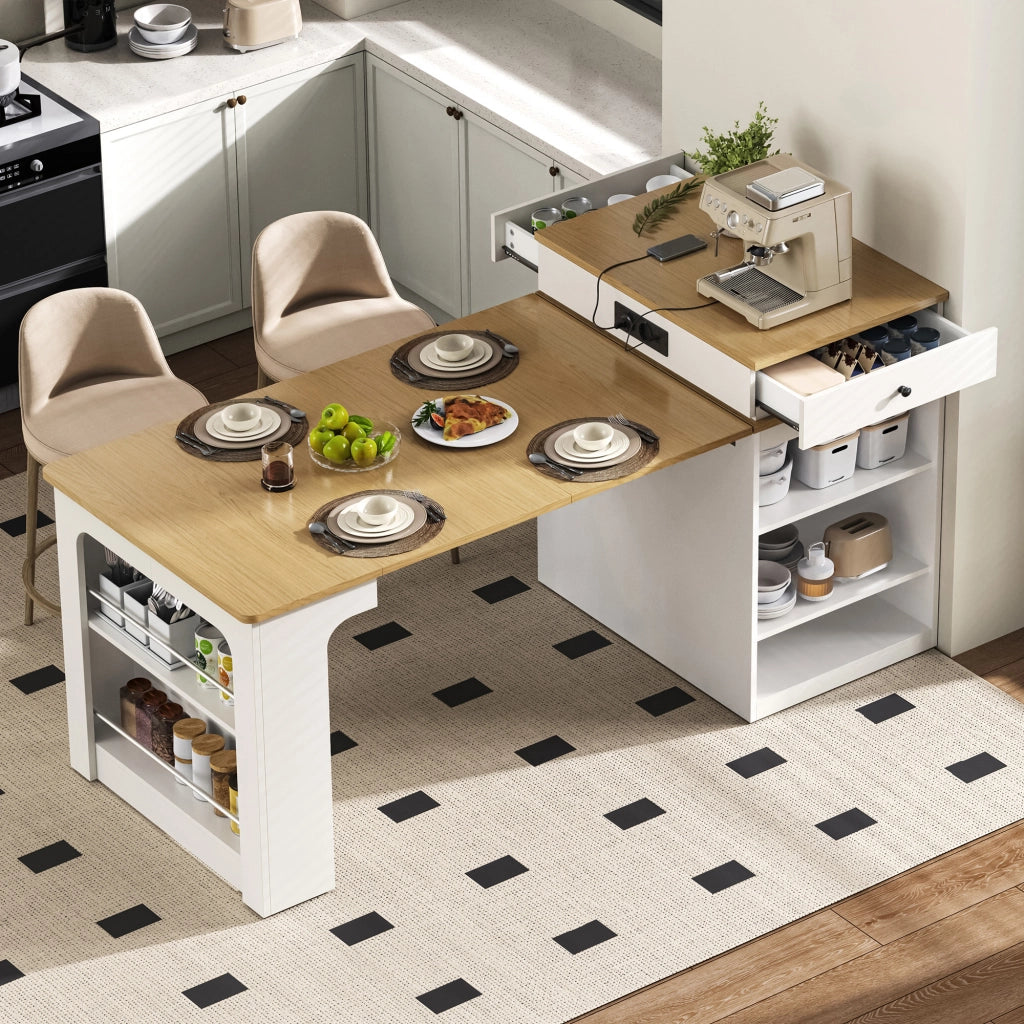 Tavolo da pranzo - isola cucina su ruote - piano estraibile - bar con prese - bianco - per cucina e sala