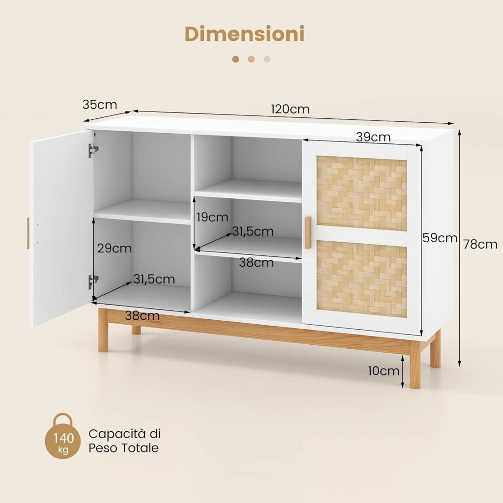 Credenza Buffet da Cucina, Mobile da Cucina con 2 Porte Intrecciate in Bambù, 3 Ripiani Aperti, per Cucina, Sala da Pranzo, Soggiorno e Ingresso, 120 x 35 x 78 cm