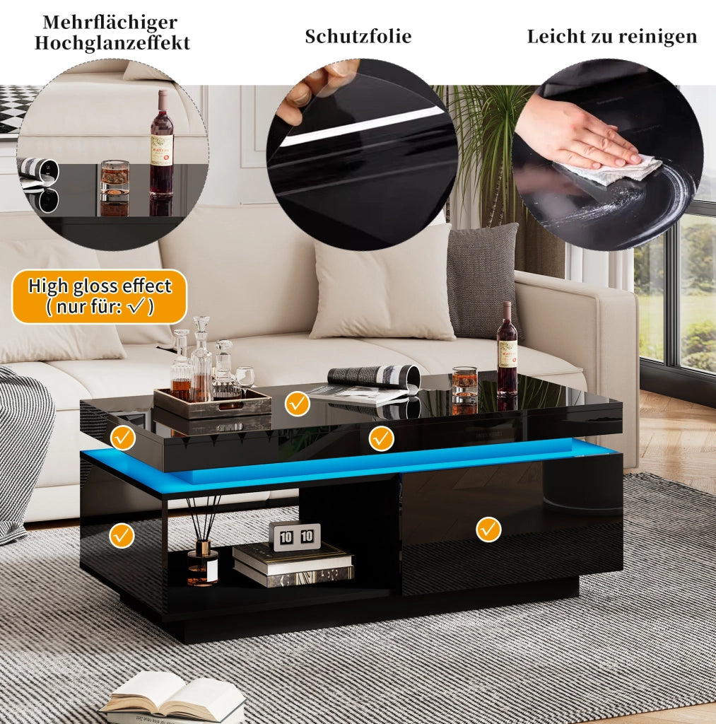 Tavolino da caffè moderno lucido con LED e cassetto; 100x50x40;3 cm; nero