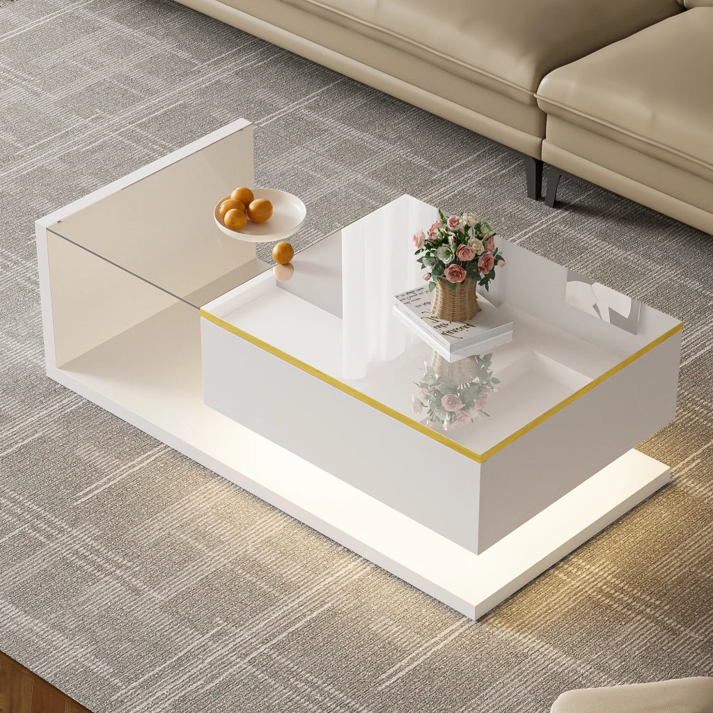 Tavolino da Salotto con Piano in Vetro Temperato e LED Bluetooth 16 Colori; Bianco Lucido; con Ripiani Aperti; Bianco