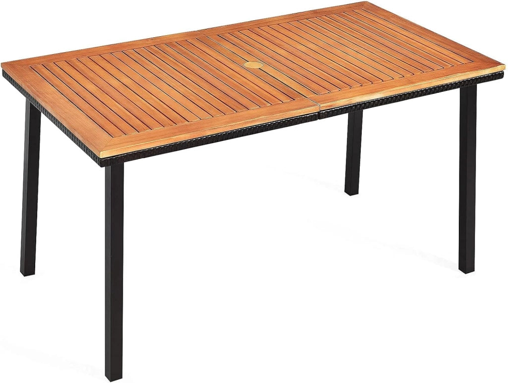 Tavolo da Pranzo in Legno di Acacia Rettangolare, Tavolo da Giardino con Foro per Ombrellone in Design Industriale,140 x 75 x 76 cm