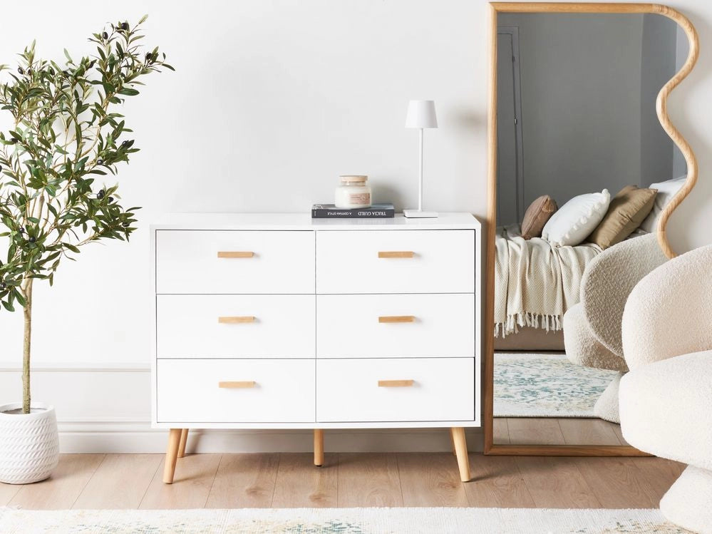 Cassettiera bianca 6 cassetti con gambe in rovere Moderna Scandinava
