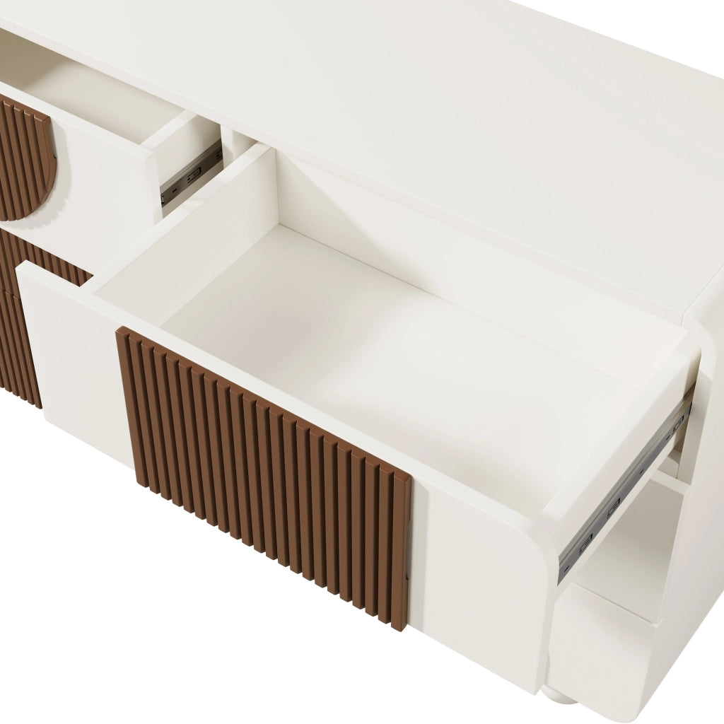 Comò con 6 cassetti in MDF bianco e legno massiccio, design curvo, 121x71x41 cm