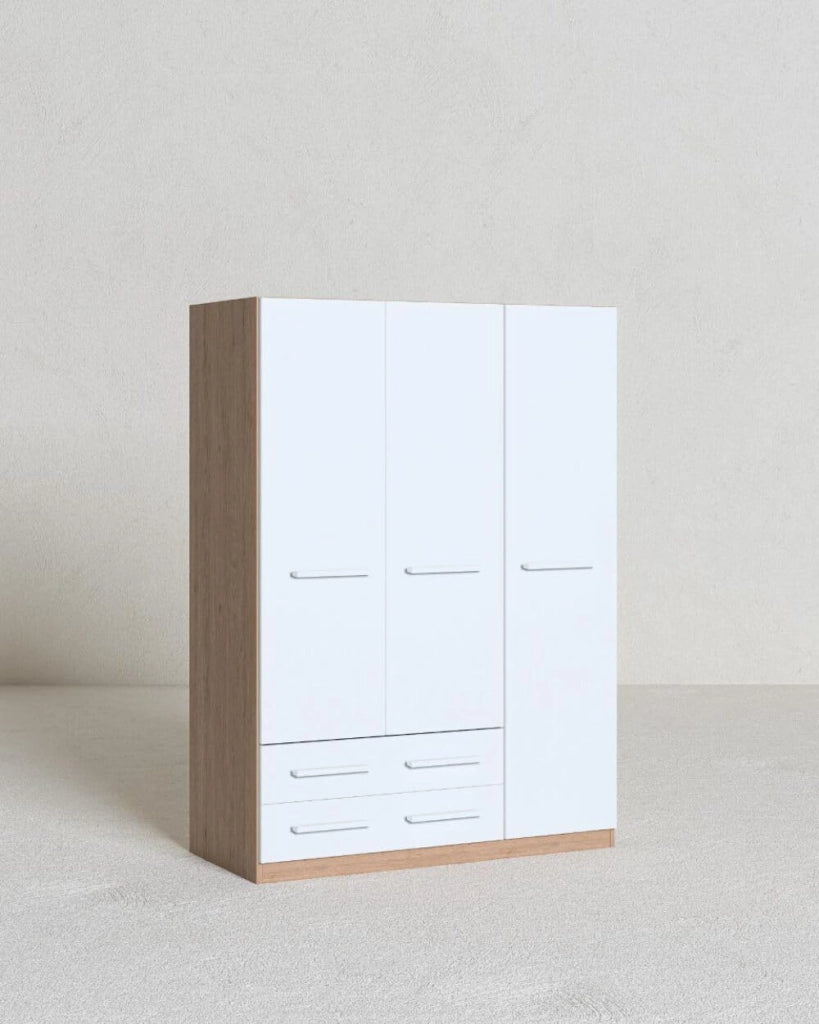 Armadio Leon H.186 - Guardaroba moderno - 3 ante 2 cassetti - Struttura virginia e ante bianche - 1 ripiano regolabile incluso_
