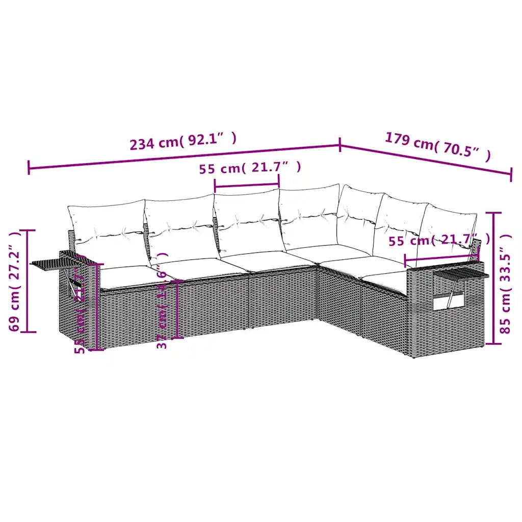 Set Divani da Giardino 7 pz con Cuscini Marrone in Polyrattan