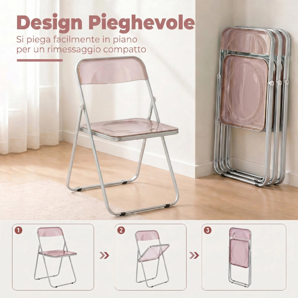 Set da 4 Sedie Pieghevoli in Acrilico ¨C Zephmum ¨C Trasparenti, Rosa