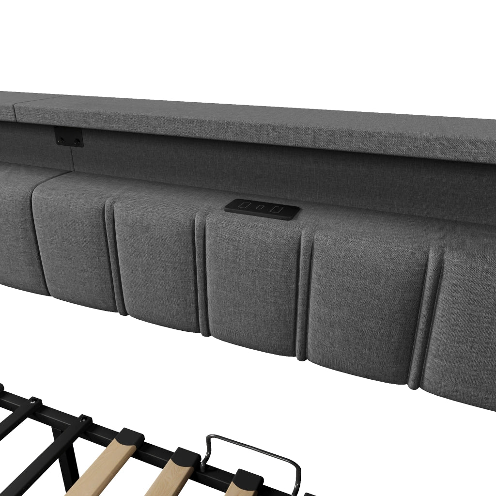 DESMIU Lit divano 90 × 200 cm con USB, Type-C, LED, 2 cassetti e tasche, senza materasso, grigio