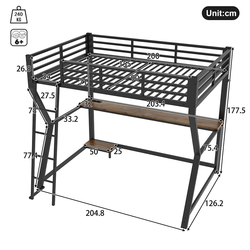 Letto mezzanino 90x200cm - Xylo - nero, scrivania USB, LED, per computer