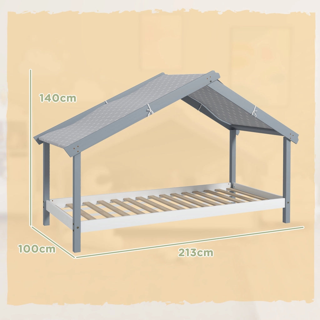 Letto Singolo per Bambini Casetta Tetto Stellato in Tessuto 213x100x140 cm Grigio