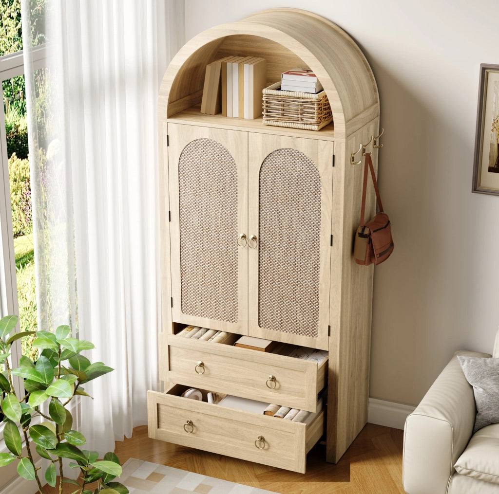 Sideboard 80x40x180 cm con ripiani aperti e doppi cassetti in MDF rovere