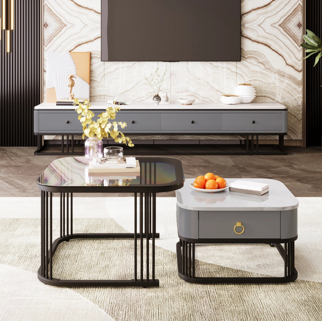 Set di 2 tavolini da salotto modulari con cassetti nero/grigio