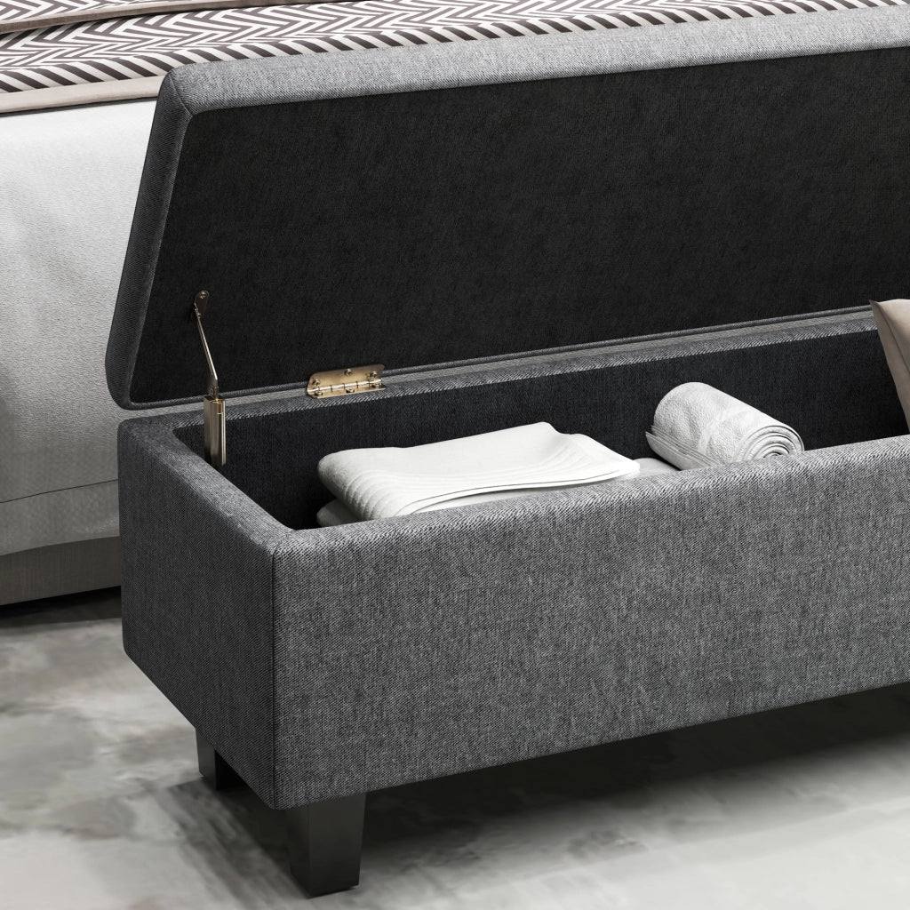 Panca contenitore imbottita con seduta confortevole e piedini in legno di caucciù in lino grigio scuro 138 × 40 × 45 cm
