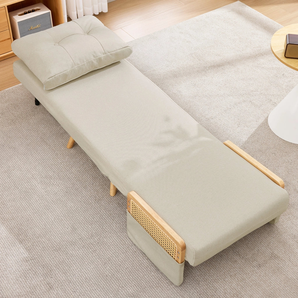 Poltrona letto 3 in 1 - con schienale reclinabile e braccioli in rattan - in lino beige