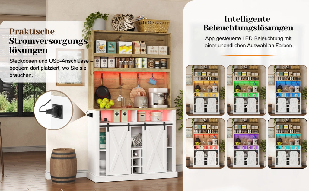 Hochschrank da cucina con LED, prese USB, ripiani aperti, ganci e vetrina 110x40x191 cm