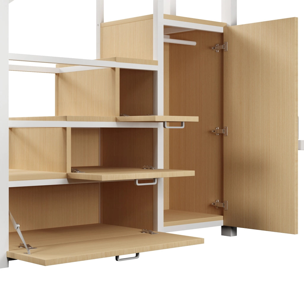 Letto a soppalco 140 × 200 cm con 3 vani contenitore, armadio, LED, senza materasso, bianco