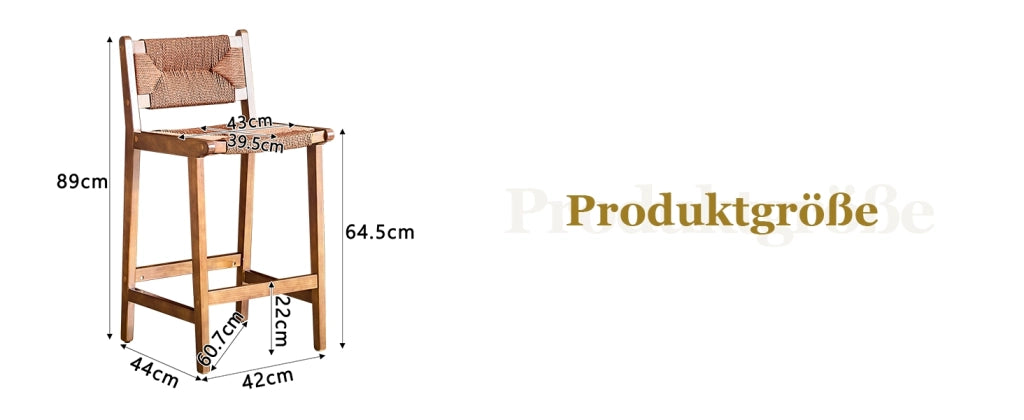 Sgabello da bar set di 2 in legno massiccio con schienale curvo e seduta in corda intrecciata per cucina noce