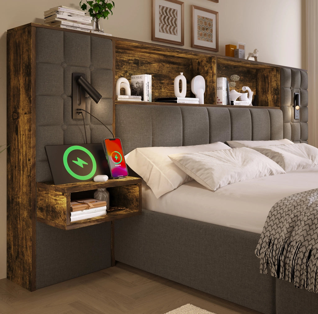 Letto imbottito grigio 160x200 con luci, ricarica e spazio contenitivo