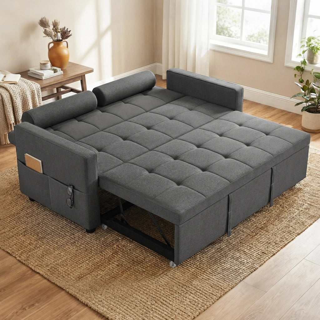 Divano letto 2 posti con letto gigogne e cuscini ¨C zephmum ¨C grigio 80,5x137,5x84 cm