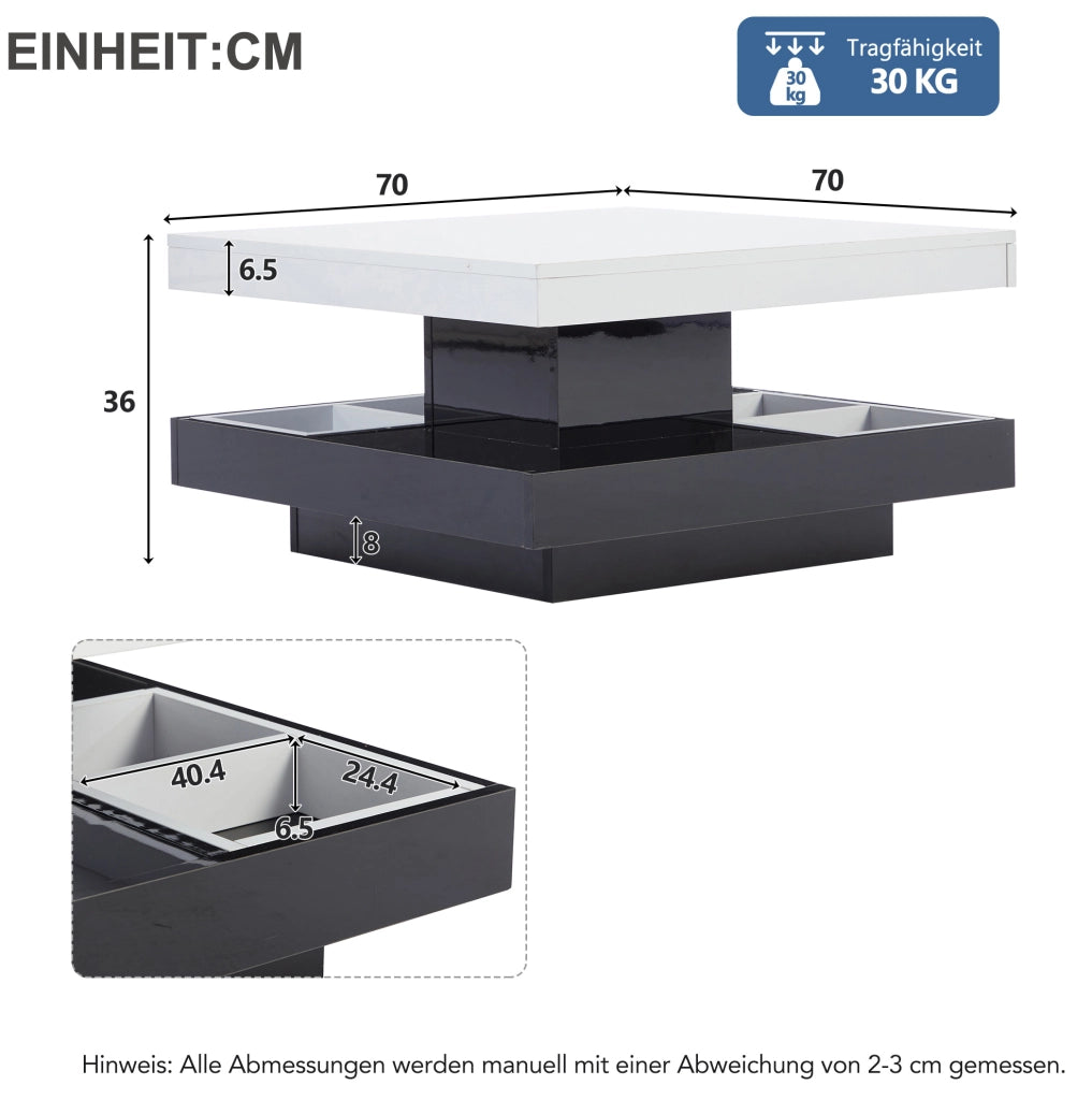 Tavolino da salotto 70x70x36 cm; girevole 360掳 a doppio livello con vano; truciolato bianco e nero