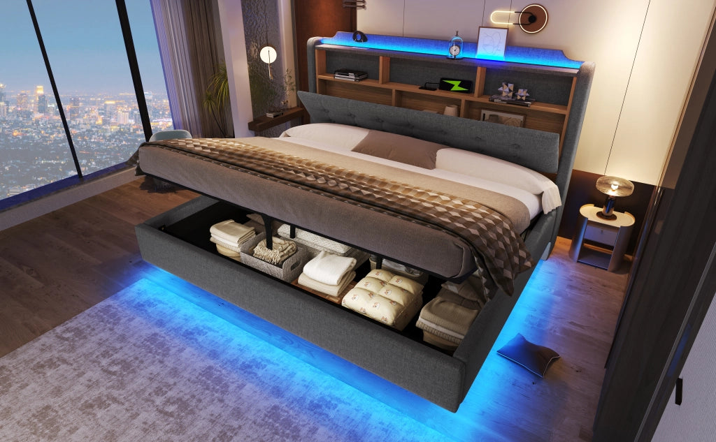 Letto imbottito 180x200 cm con contenitore idraulico e striscia LED multicolore; tessuto grigio