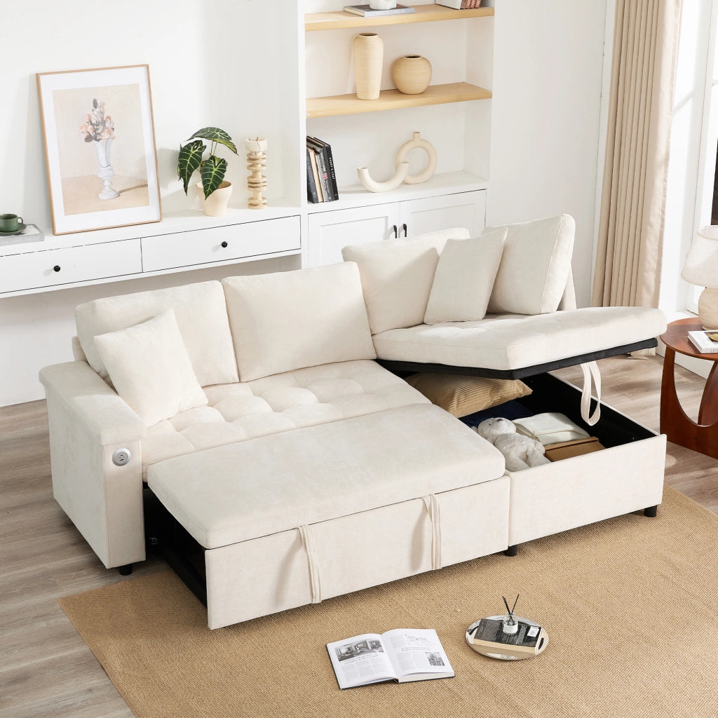 DIVANO LETTO angolare destro 209x130 cm in Chenille Beige con contenitore e USB