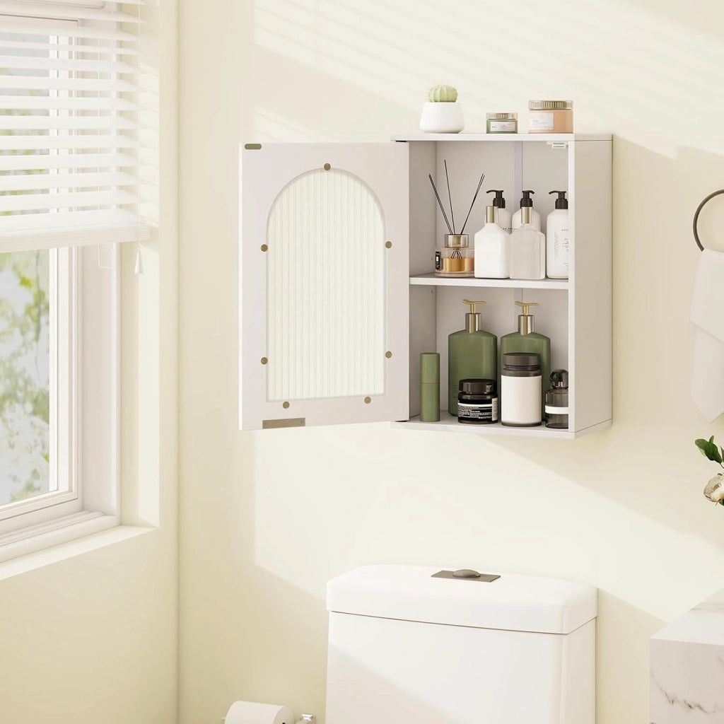 Armadietto da Parete 35 x 20 x 52,5 cm, Mobiletto Salvaspazio con Porta in Vetro Temperato e Ripiano Regolabile, Mobile Cucina per Lavanderia, Soggiorno e Bagno
