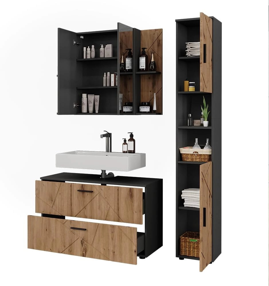 Set di mobili da bagno Irma, Antracite/Artisan, 100.1 cm, composto da mobile sottolavabo, specchiera e colonna alta