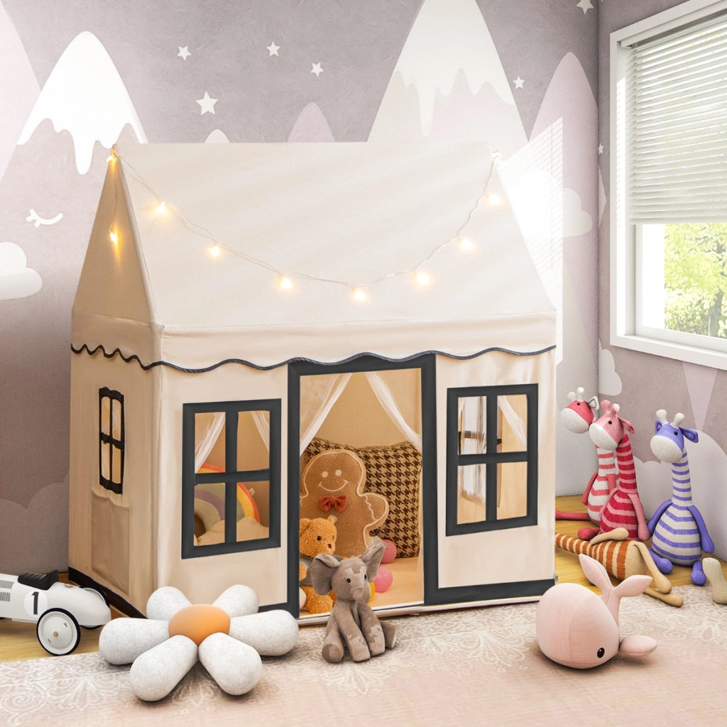 Tenda da gioco per bambini con luci a stella tappetino in velluto lavabile, Casetta per interni ed esterni Beige-Tende e Casette per bambini