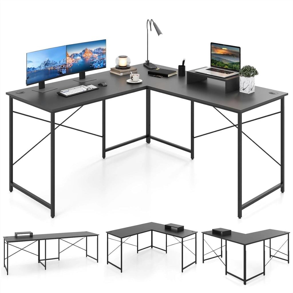 Scrivania angolare a forma di L, scrivania per computer reversibile, con supporto per monitor, 2 combinazioni, scrivania angolare per ufficio, tavolo da gioco (grigio)
