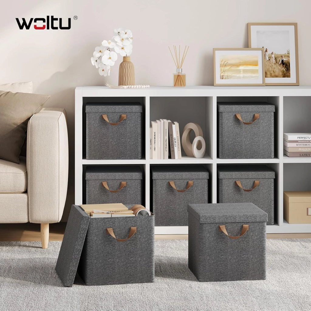 Scatole Contenitori Pieghevoli Set di 5, Cubi in Tessuto con Coperchio, Manico e Struttura in Metallo, Organizer per Scaffale e Armadio, Grigio, 30x30x29cm