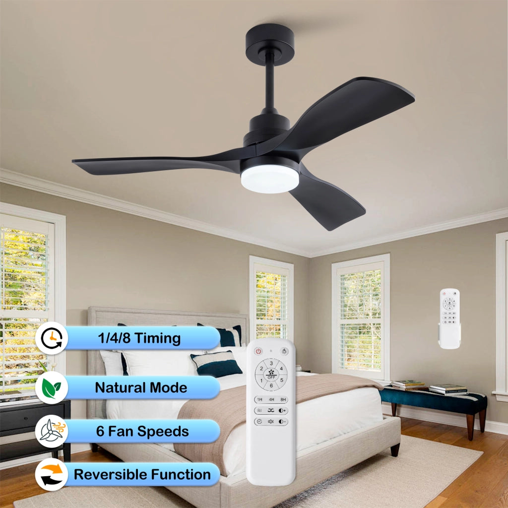 Ventilatore da soffitto nero con luce 107 cm 3 pale telecomando motore dc silenzioso reversibile memoria stile fattoria 220v