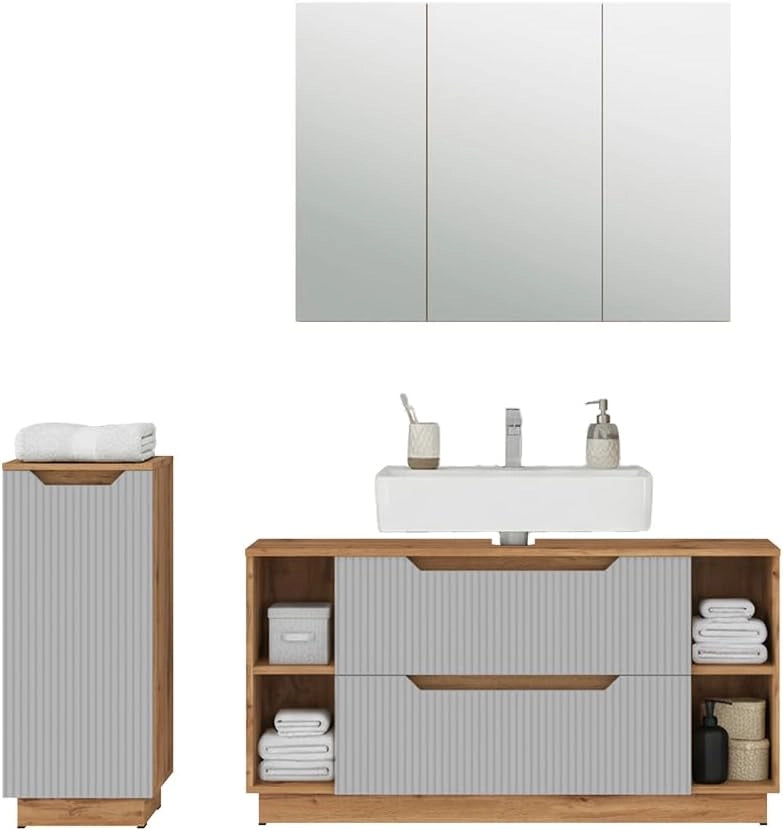 Set di mobili da bagno Lotta, Grigio, 119.2 cm, composto da mobile sottolavabo, specchiera e mobile medio