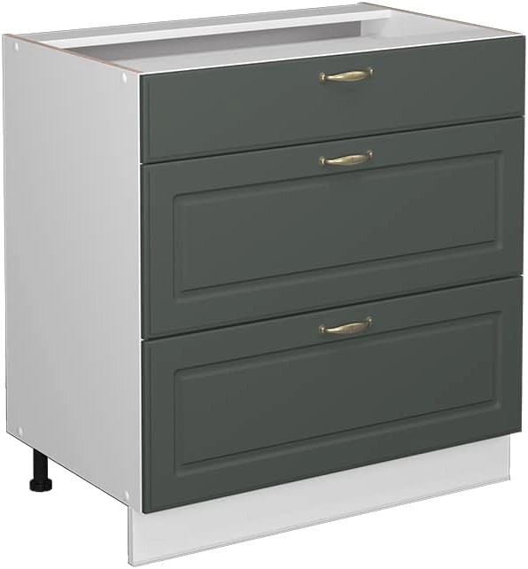 Mobiletto base per cucina Fame-Line, Verde-oro Country House, 80 cm con 3 cassetti, senza piano di lavoro, per la combinazione con altri moduli della serie Fame-Line