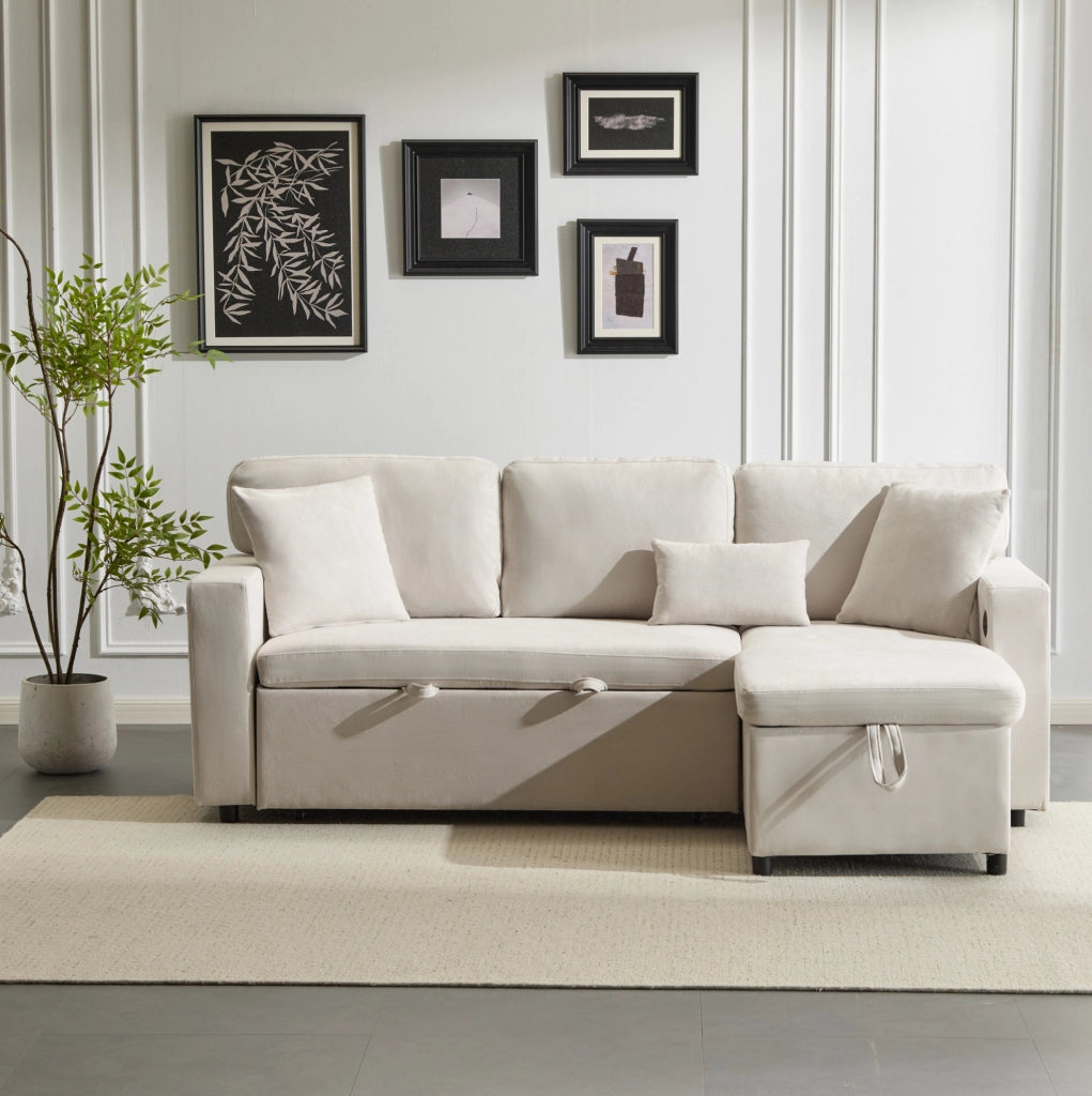 Divano letto angolare 3 posti con chaise longue reversibile; USB e contenitore; beige