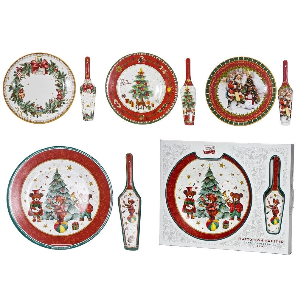 Trade Shop - Set Piatto Rotondo + Paletta Coordinata Di Natale In Ceramica Decorativa ø27cm 4 Modelli -