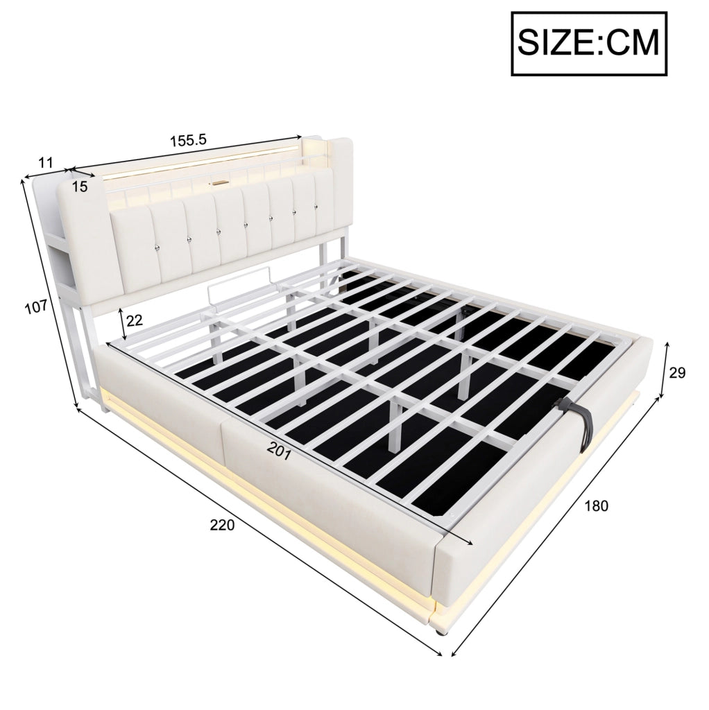 Letto imbottito 180x200 cm con LED, USB e contenitore idraulico beige