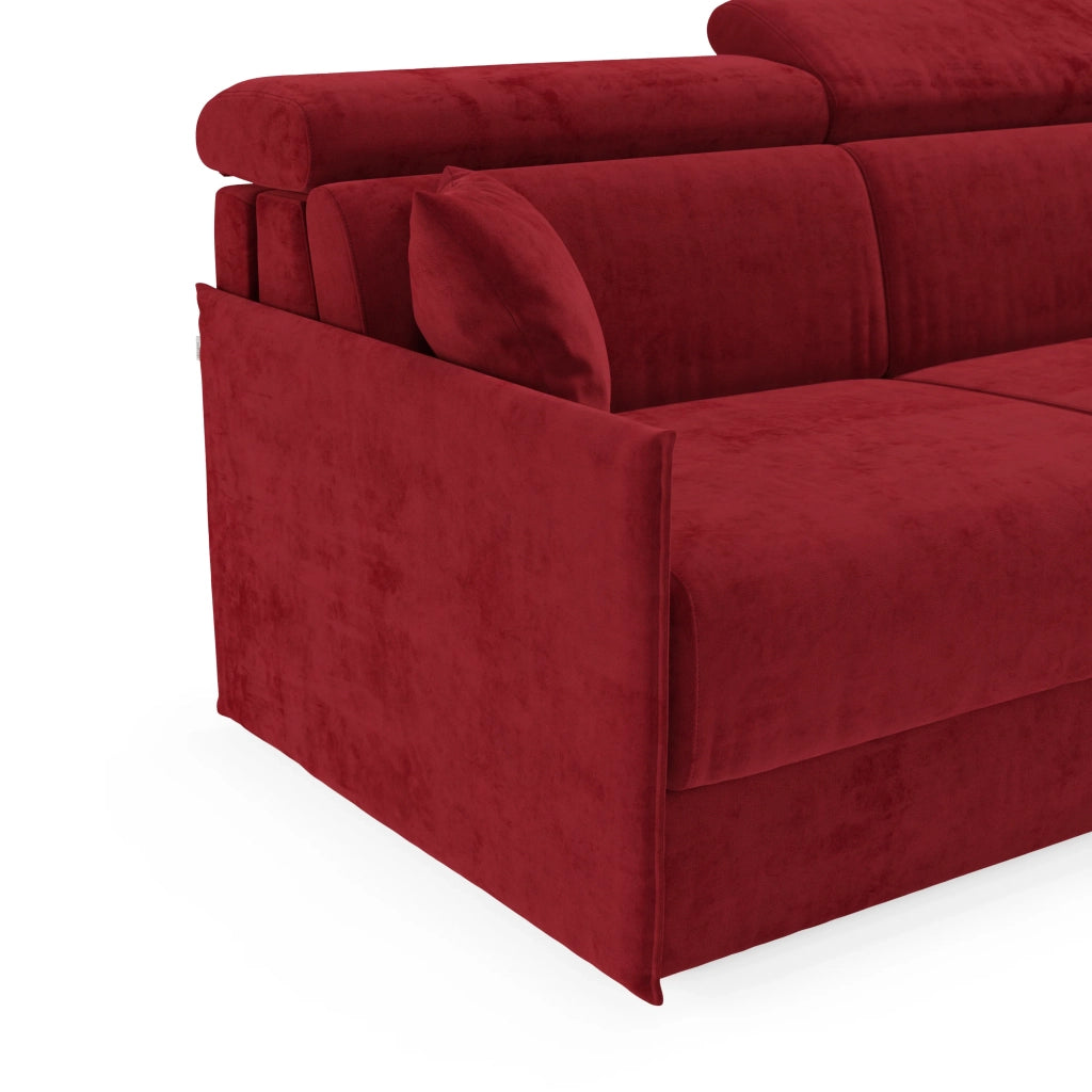 Miryam divano letto angolare compatto - poggiatesta reclinabili e penisola contenitore in tessuto smacchiabile T31 232 cm destro rosso