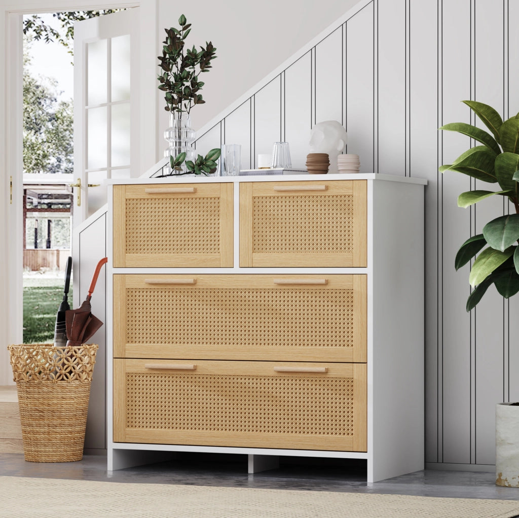 Cassettiera in rattan naturale con 4 cassetti 80x80x38 cm; bianco e naturale